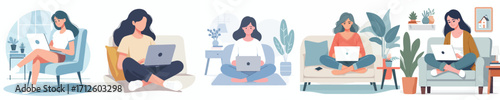 vector of a woman working from home with a laptop