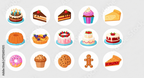 Collection of various cake and dessert icons, including birthday cake, pie, cupcake, donut, muffin, cookie, and gingerbread