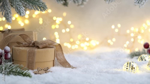 Christmas Holiday background with snow, fir tree gift box and decorations with christmas light behind. Christmas balls on a winter festive background.