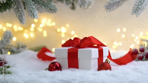 Christmas Holiday background with snow, fir tree gift box and decorations with christmas light behind. Christmas balls on a winter festive background.