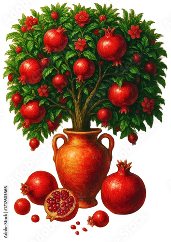 Ripen Pomegranate Vase on white background