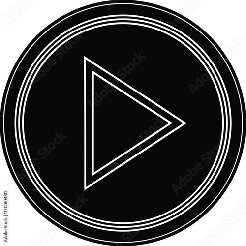 A shiny, round, black and white metallic glossy play button icon with an arrow symbol for web media players