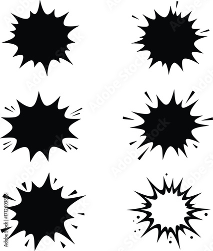 Starburst Icon Set – Black Comic Explosion Vector Illustrations