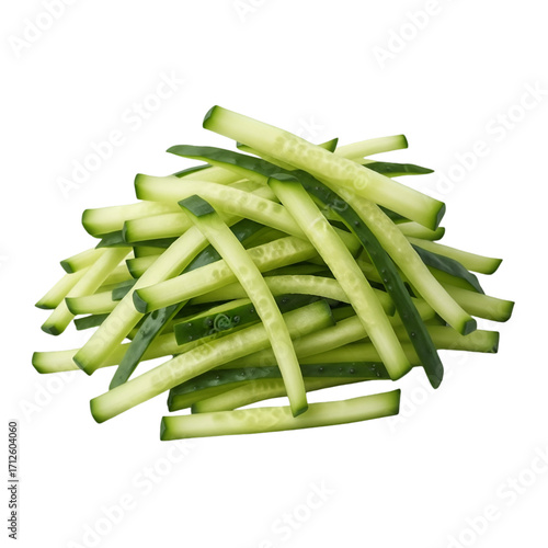 Pile of julienned cucumber sticks isolated on transparent background