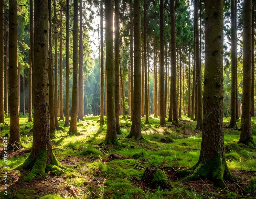 Obraz premium Sunlight streams through tall pine trees in a dense forest, illuminating mossy ground