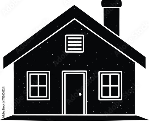 Small vector house illustration with a roof, a window, and a door on a black or white background