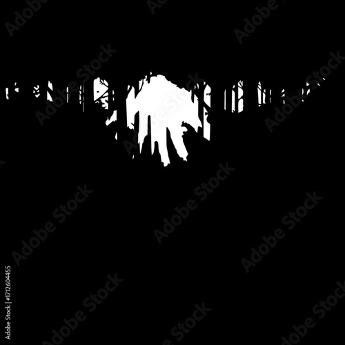 Black and white graphic silhouette of a mysterious Bigfoot creature walking through a dark forest.