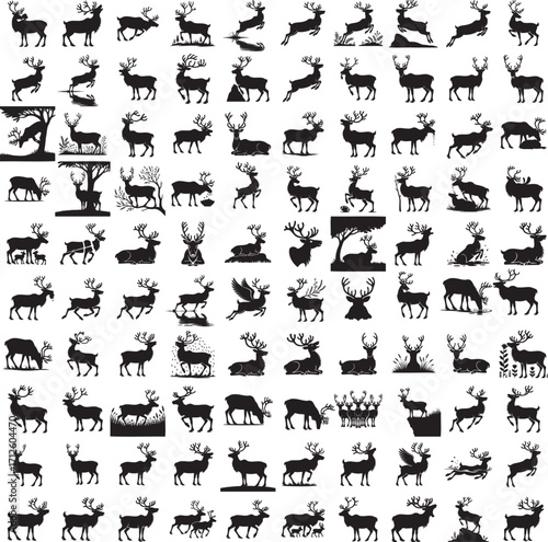 Reindeer full black silhouette set in various poses