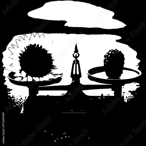 Black and White Illustration of a Balance Scale with Two Objects