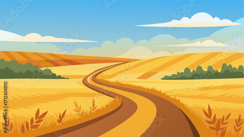 A dirt road winding through endless fields of wheat leading towards a distant horizon of rolling hills.