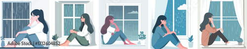 vector of a woman sitting by the window looking at the rain