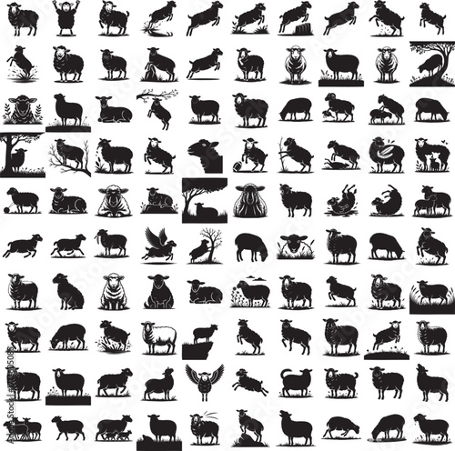 Sheep black silhouette collection in standing and grazing poses