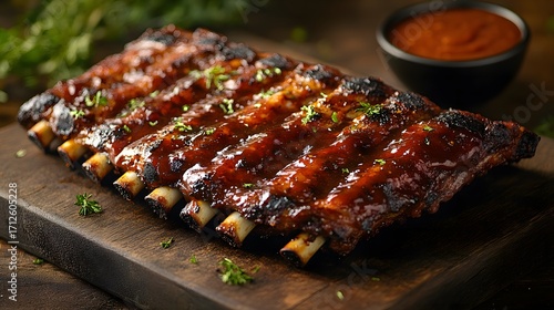 Delicious glazed pork ribs are presented on a rustic wooden board, served with a small bowl of flavorful barbecue sauce, perfect for a savory meal or celebration.