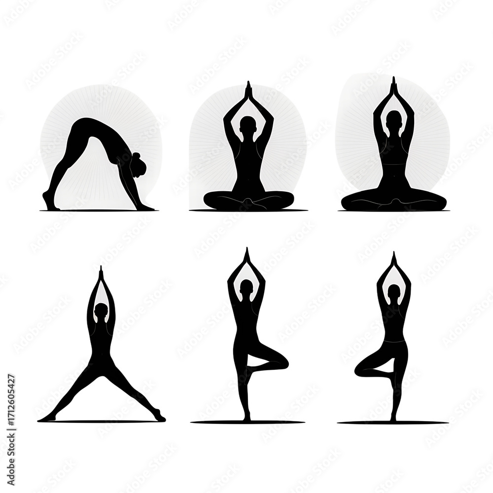 Fototapeta premium Serene Yoga Poses: Silhouette Illustrations, Mindfulness, Wellness, Spiritual, Black and White.