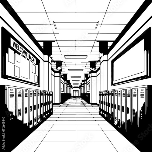 Black and White Sketch of a School Hallway with Lockers and "Welcome Back" Sign