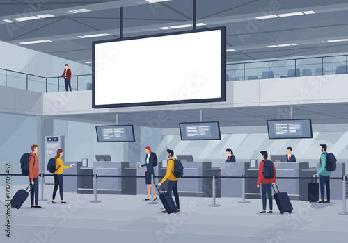 Passengers with luggage queuing at airport check-in counters before flight departure.