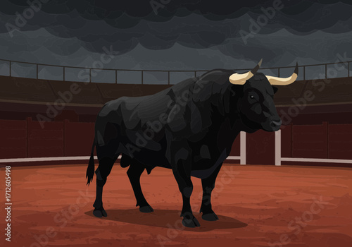 Majestic powerful black bull with impressive horns.