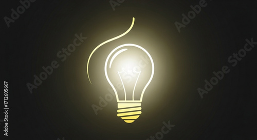 Illustration of a glowing light bulb with a filament on a dark background, symbolizing an idea, innovation, and energy, with a minimalist and modern design