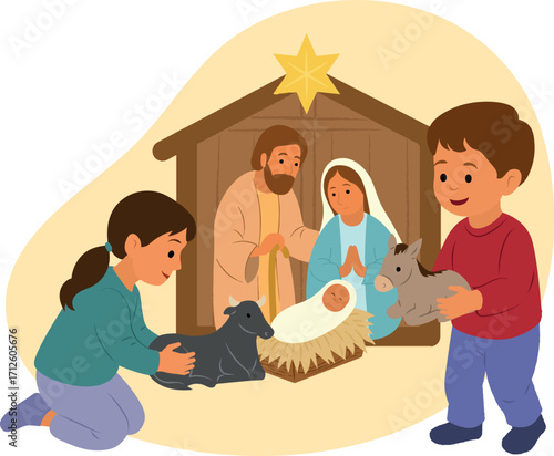 niños poniendo el nacimiento de navidad