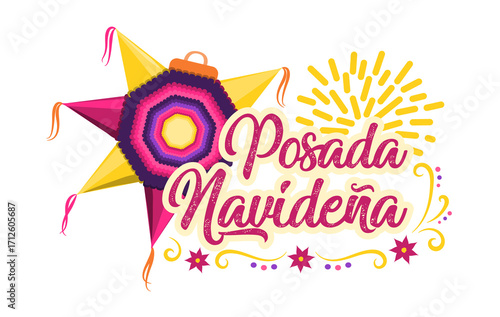 letrero Posada navideña con piñata, bengala y flor de nochebuena decorativa, tradición de navidad mexicana