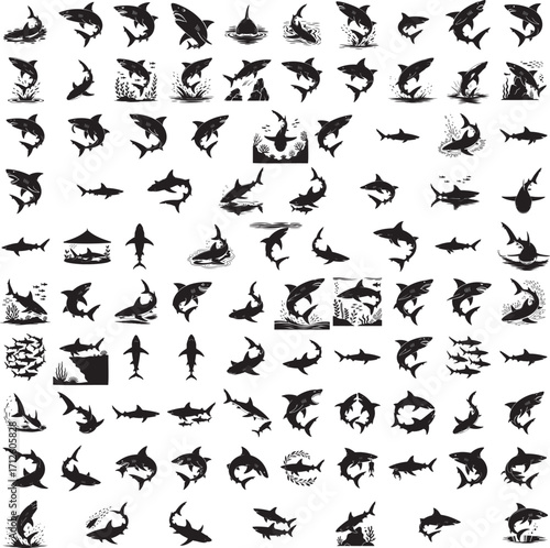 Shark black silhouette collection in different swimming poses