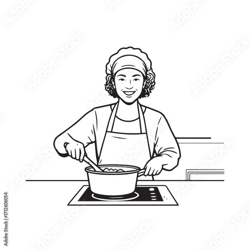 Black and White Vector Illustration of a Smiling Woman Cooking in Kitchen with Apron and Headband