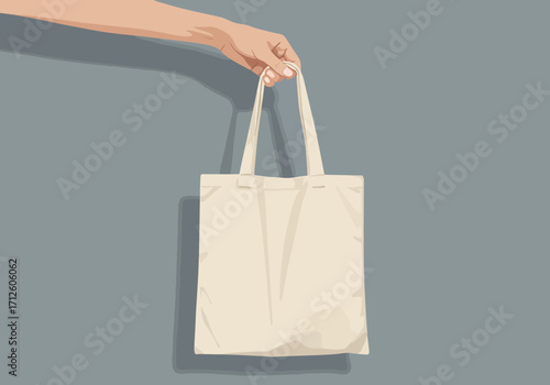Hand holding a blank canvas tote bag mockup illustration.