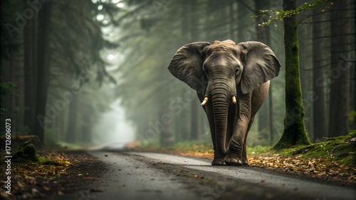 Close-Up of Elephant Walking on Forest Road Amid Lush Green Trees