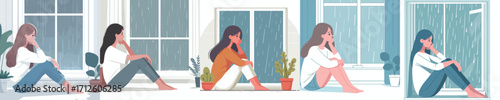 vector of a woman sitting by the window looking at the rain
