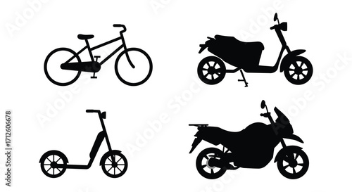 Black and white vector graphics depicting bicycles and motorcycles silhouette