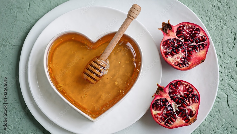 Fototapeta premium Heart shaped honey dish with pomegranate halves