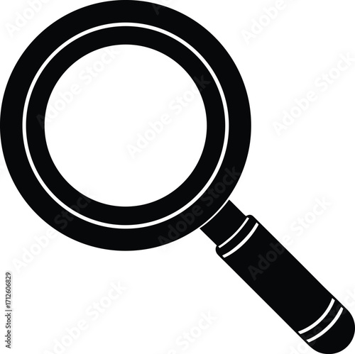 A vector magnifying glass icon with a black handle and lens, isolated on a white background, is a tool for searching and exploration
