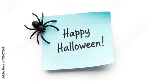 Happy halloween text on a blue sticky note with a spider isolated on white background