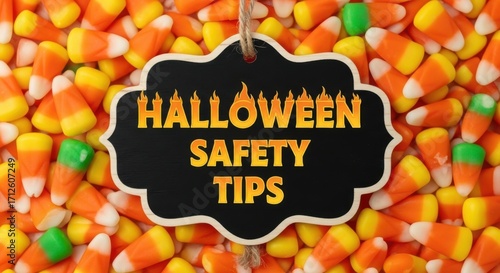 Halloween safety tips text on a background of candy corn