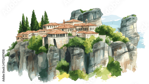 Meteora Monasteries. Meteora Monasteries watercolor vector illustration