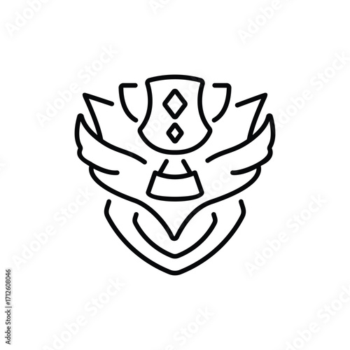 Stylized emblem shield shape with angular wings  diamonddecorated crownlike design clean lines. Line icon. Editable stroke