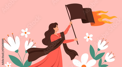 Woman in flowing dress holding a burning black flag amidst white flowers.