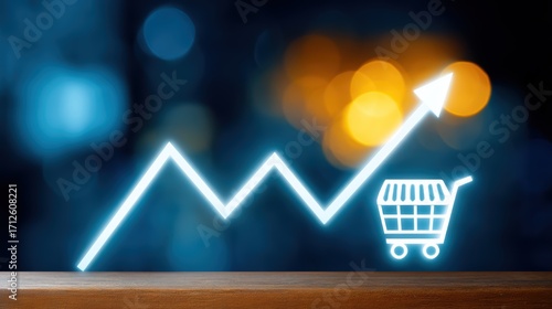 Illuminated shopping cart with upward arrow, symbolizing increased sales and ecommerce growth