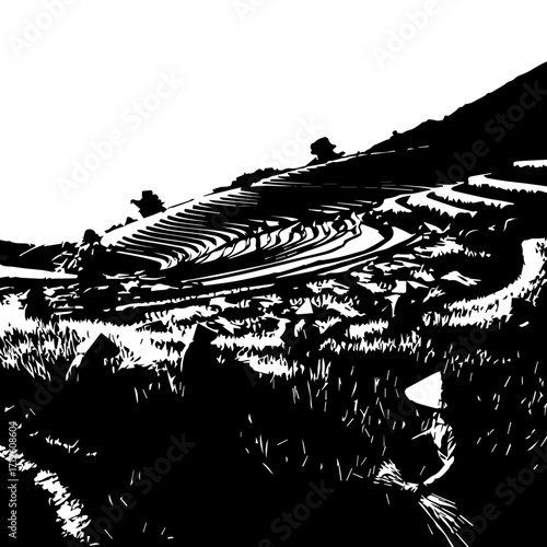 Farmer in conical hat tending to lush green rice terraces on a hillside