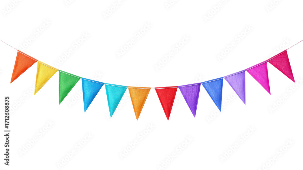 Fototapeta premium Colorful bunting flags hanging in a festive display, perfect for celebrations and events.