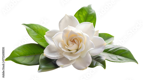 Closeup of a beautiful blooming gardenia flower with green leaves isolated on transparent background, showcasing its delicate petals and natural beauty