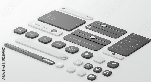 Collection of isometric ui elements and components on a white background