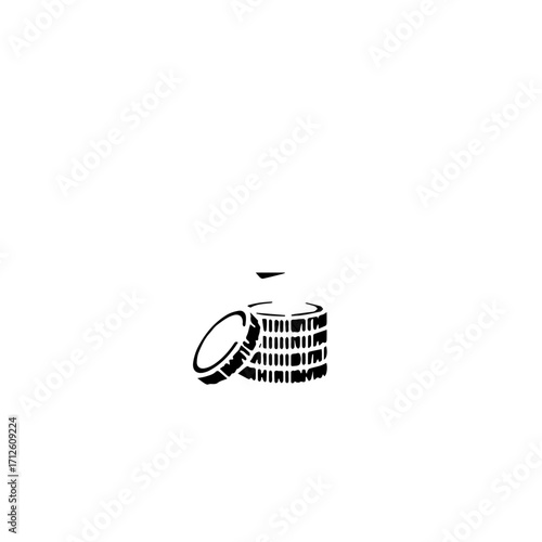 Graphic black silhouette stack of circular coins or casino chips, one leaning, simple iconic design.