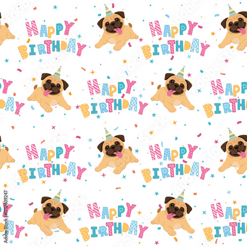 Seamless print for happy bithday party with pug dog.