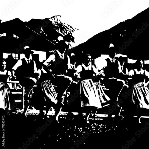 Group of traditional folk dancers in dirndl and lederhosen-like attire, performing a lively cultural dance, black and white vector.