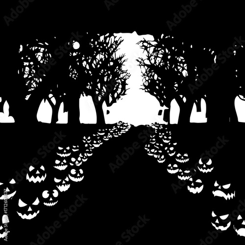 Halloween spooky path lined with jack-o'-lanterns silhouettes
