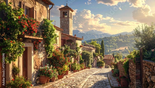 Fototapeta Naklejka Na Ścianę i Meble -  Picturesque Tuscan Street with Stone Buildings Red Flowers and Mountain Views in Golden Sunlight Cinematic HDR Abstract Photography