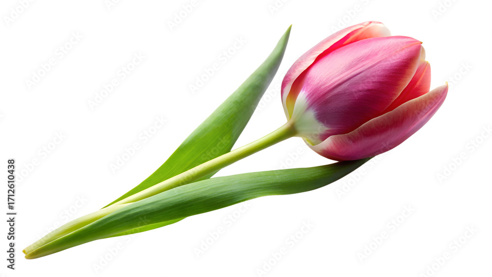 Obraz premium Elegant pink tulip flower isolated on transparent background, capturing its graceful curve, smooth texture, and vibrant hue, evoking a sense of natural beauty