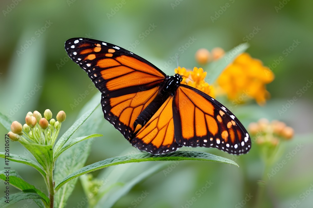 Fototapeta premium Butterfly perched on bright flowers in garden habitat Generative AI