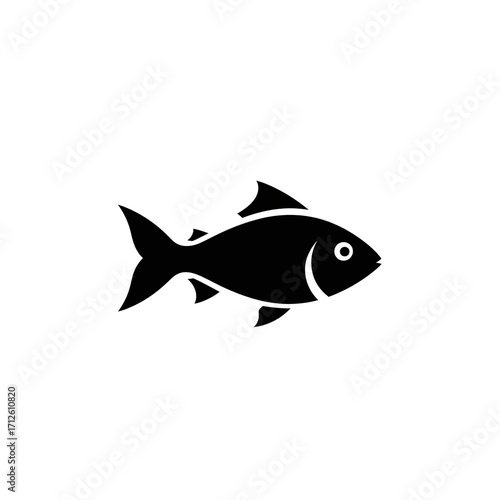 Minimalist black fish icon silhouette, isolated on a plain white background. Simple aquatic animal vector symbol.